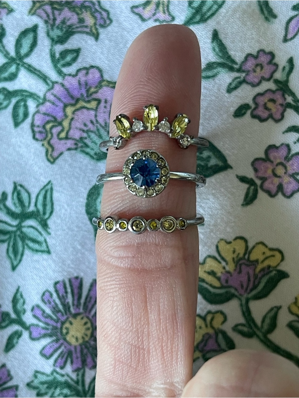 Silver-Tone Women’s Stackable Ring Set with Blue and Yellow Stones